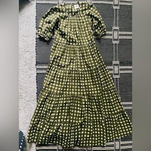 Olive Green Gingham Tiered Maxi Dress - Women's